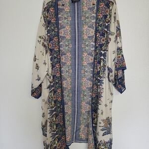 Angie Kimono Style Bohemian Floral Coverup In Cream, Blue, Green And Pink,Size M